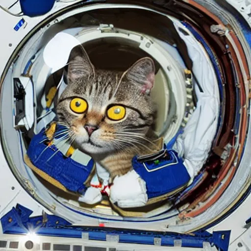 Image similar to astronaut cat should look like real in the space station