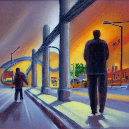 Image similar to ups deliveryman walking aline, glum feeling, down art deco highway, goliath statue support beams, ayn rand raised highway, filiment buld traffic lights, golden light, dark oil painting, global illumination