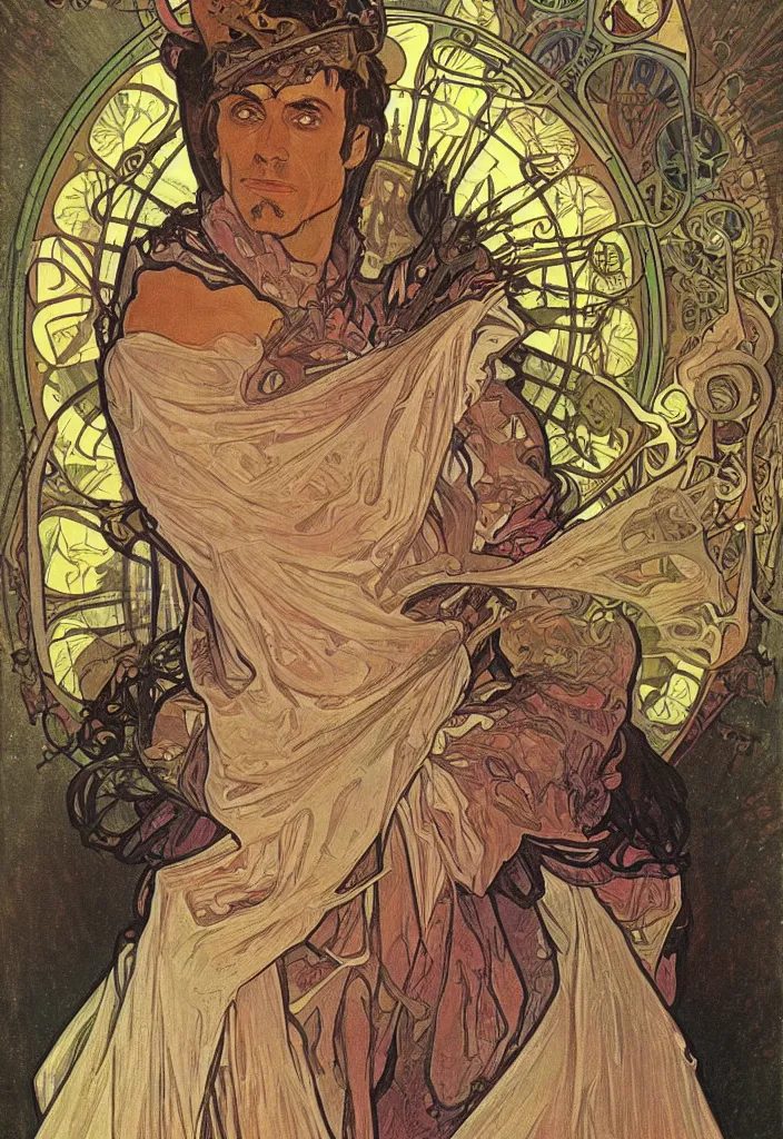 Image similar to Jürgen Schmidhuber as the Devil on a tarot card, tarot major arcana in art style by Alphonse Mucha