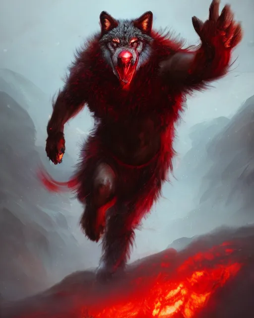 Image similar to oil painting of Angry Anthropomorphized Wolf Berserker, wearing red fur, claws, sharp focus, attack pose, fantasy style, octane render, volumetric lighting, 8k high definition, by greg rutkowski, highly detailed, trending on art Station, burning Battlefield background, centered