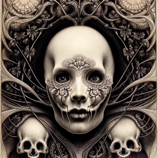 Prompt: detailed realistic beautiful calaveras death goddess face portrait by jean delville, gustave dore, iris van herpen and marco mazzoni, art forms of nature by ernst haeckel, art nouveau, symbolist, visionary, gothic, neo - gothic, pre - raphaelite, fractal lace, intricate alien botanical biodiversity, surreality, hyperdetailed ultrasharp