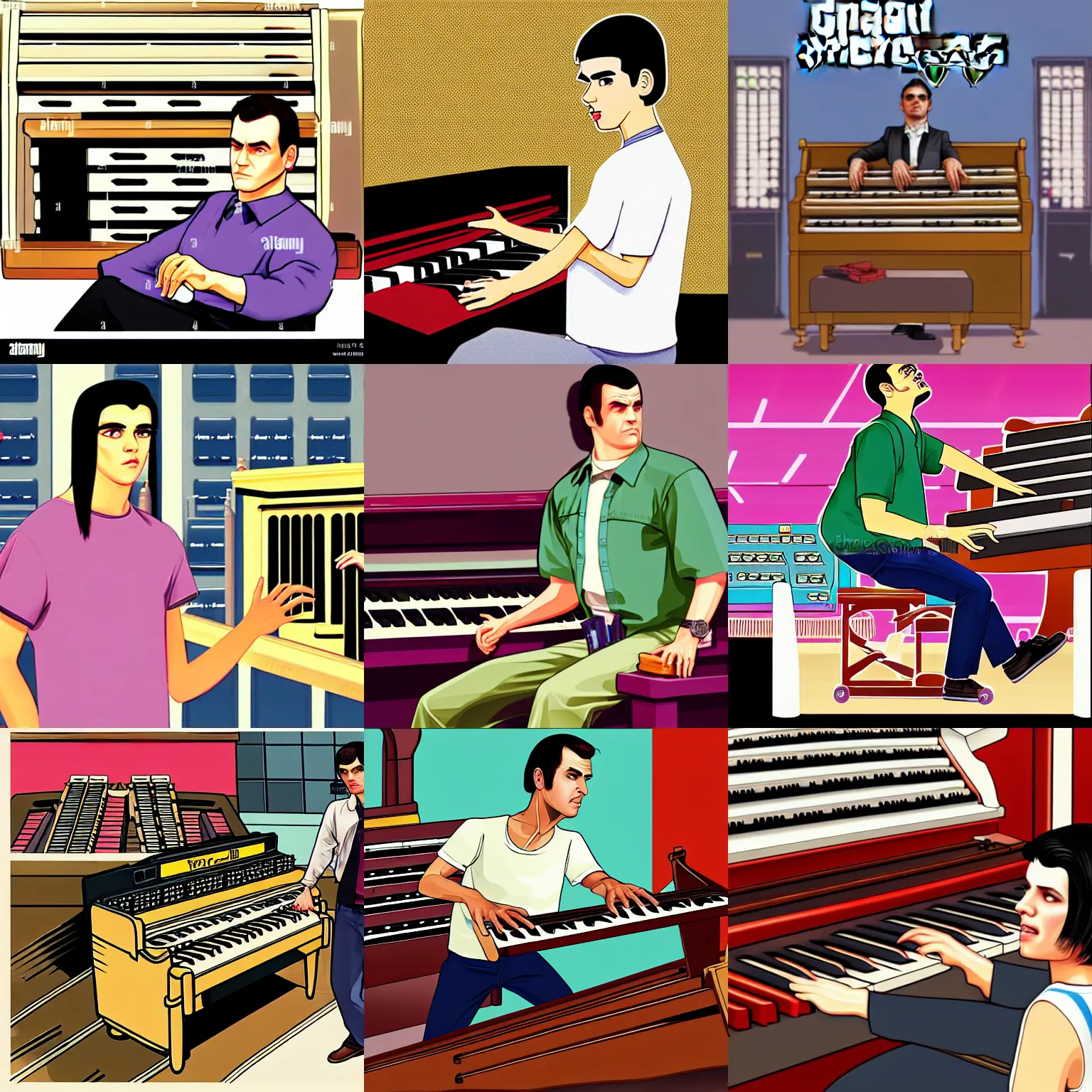 Prompt: GTA V illustration of white teenager with black hair playing an organ in a 1990s mall, cover of GTA V