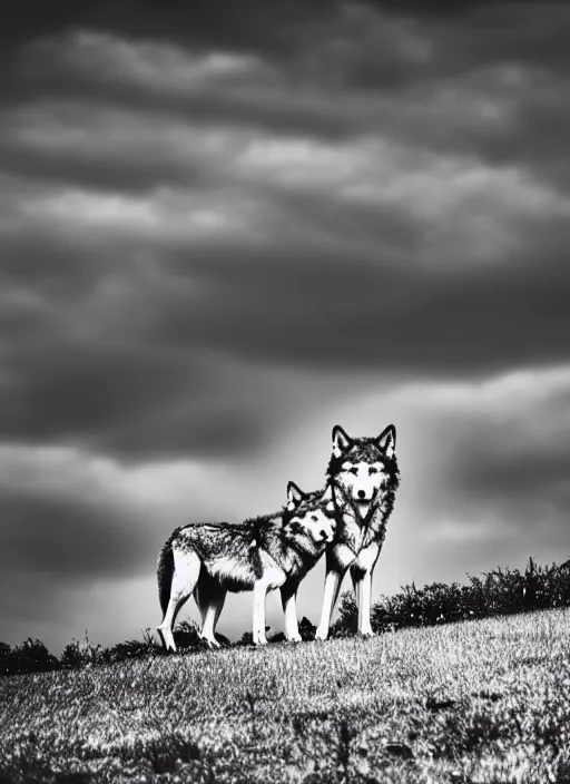 Image similar to two wolves black and white portrait white sky in background