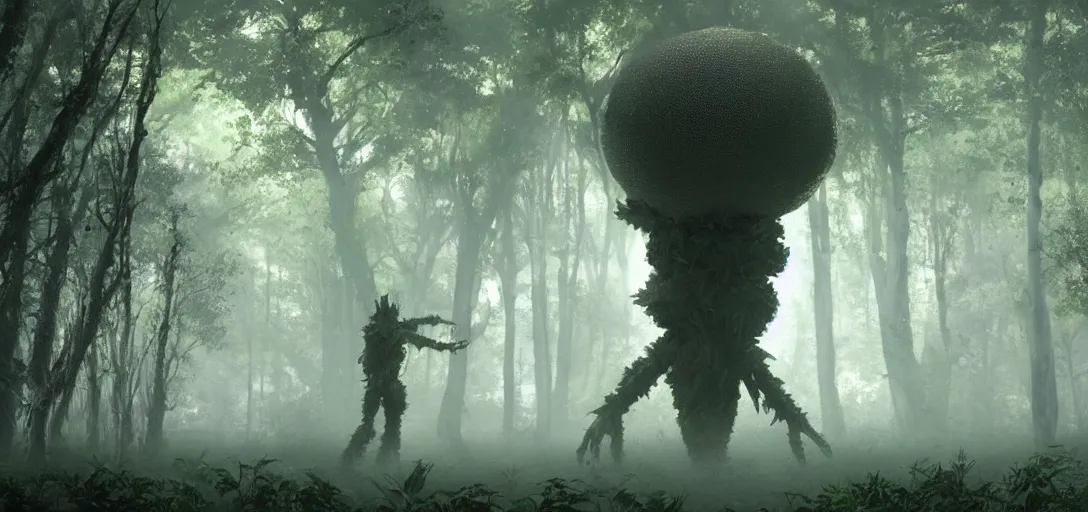 Image similar to a complex organic fractal 3 d metallic symbiotic ceramic humanoid megastructure creature in a swampy lush forest, foggy, cinematic shot, photo still from movie by denis villeneuve, wayne barlowe