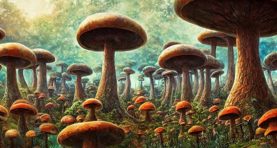 Image similar to A tribal village in a forest of giant mushrooms, by Android jones,