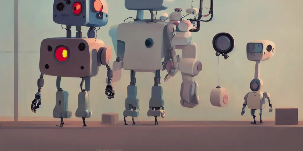 Image similar to cute cartoon robot viewing an art exhibit at a gallery by Goro Fujita and Simon Stalenhag , 8k, trending on artstation, hyper detailed, cinematic