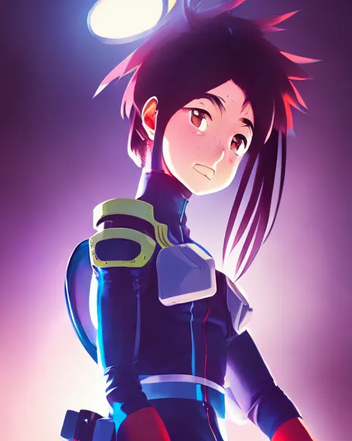 Image similar to portrait of anime girl in mechanic armor in night tokyo by makoto sinkai, my hero academia,greg rutkowski, perfect face, fine details