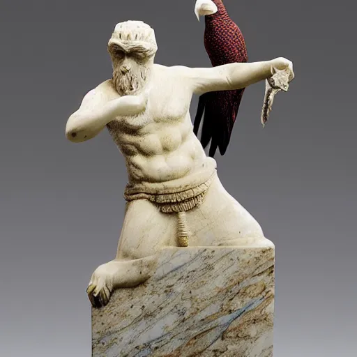 Image similar to a beautiful marble statue of a kenku and a tabaxi, dynamic pose, Doric, roman, Greek