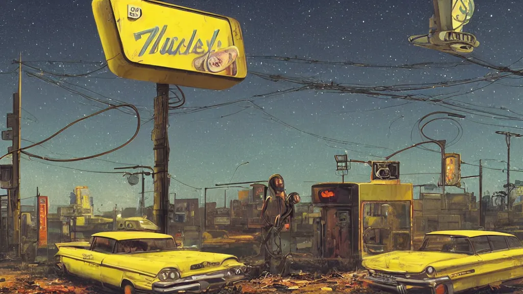 Image similar to A 1960s era robot! on a faded yellow couch in front of a rusted and dilapidated gas station. The stars! of the Milky Way shine above a broken neon sign, ground is cracked with vines fantasy concept art by Greg Rutkowski