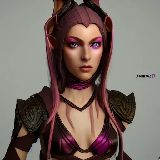 Prompt: portrait of a beautiful female high elf, tan skin, magenta eyes 3 d octane render trending on art station 8 k