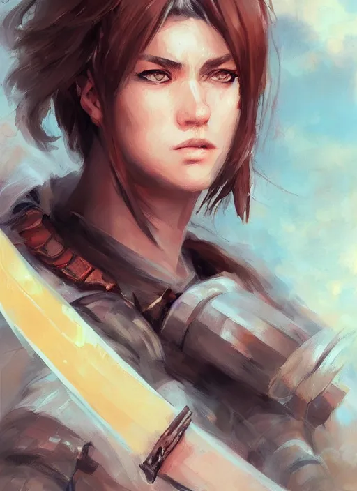 Prompt: beautiful portrait of desert warrior holding a sword, art by krenz cushart, close - up portrait, dynamic pose, upper body, fantasy, digital painting, featured on artstation, highly detailed illustration, intricate, elegant, sharp focus, 4 k