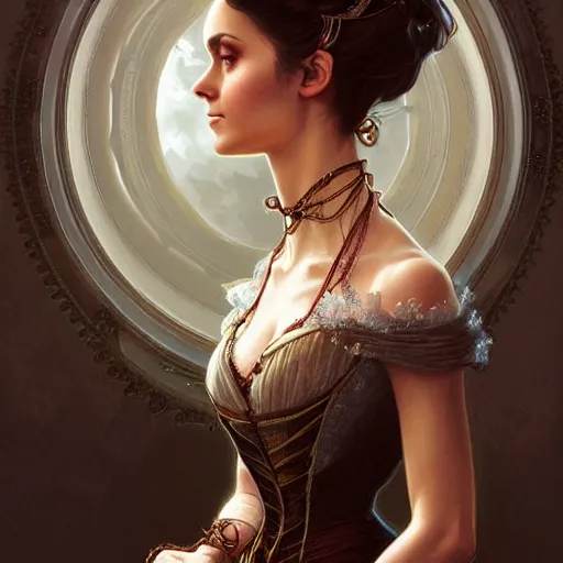 Image similar to Nina Dobrev dressed in a victorian fashion, D&D, fantasy, intricate, elegant, highly detailed, digital painting, artstation, concept art, matte, sharp focus, illustration, art by Artgerm and Greg Rutkowski and Alphonse Mucha