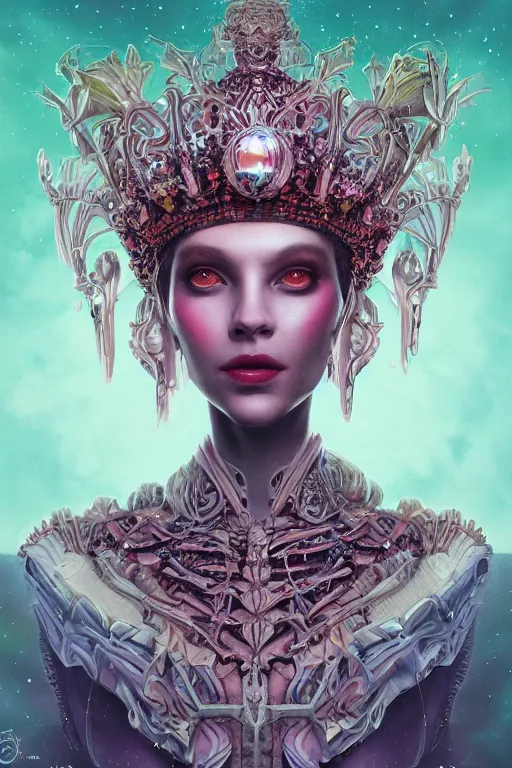 Image similar to portrait of a alien queen wearing an elaborate crown, straight on portrait, by artgerm, tom bagshaw, gerald brom, vaporwave colors, lo fi colors, vaporwave, lo fi, 2 point studio lighting, dramatic lighting, creepy aesthetic, 4 k, hd,