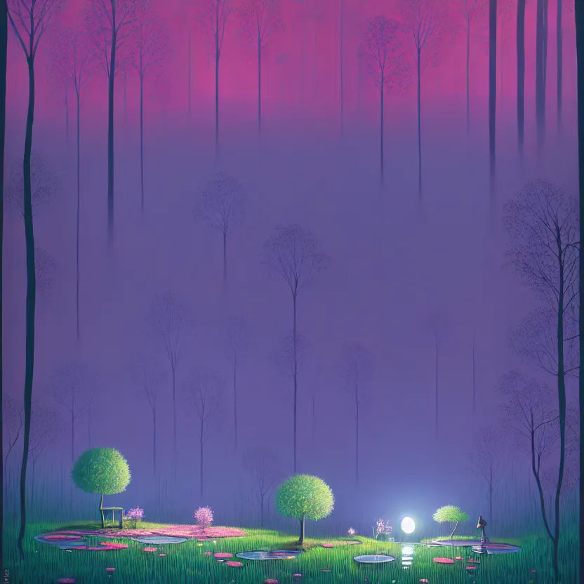 Image similar to ( ( ( gediminas pranckevicius ) ) ), a pond in the forest, moonlight, flower garden summer morning, very coherent and colorful high contrast art by simon stalenhag james gilleard floralpunk screen printing woodblock, dark shadows, pastel color, hard lighting