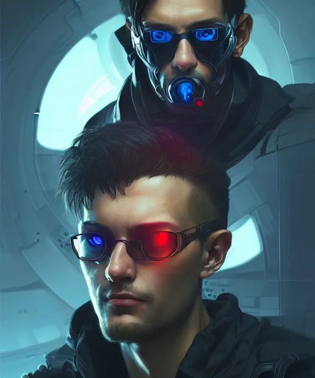 Image similar to Hacker cyberpunk man portrait, highly detailed, digital painting, artstation, concept art, smooth, sharp focus, illustration, art by artgerm and greg rutkowski and alphonse mucha