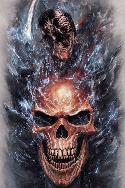 Image similar to Portrait of James Hetfield face transforming in Ghost Rider flaming skull, marvel comics, dark, intricate, highly detailed, smooth, artstation, digital illustration by Ruan Jia and Mandy Jurgens and Artgerm and Wayne Barlowe and Greg Rutkowski and Zdislav Beksinski