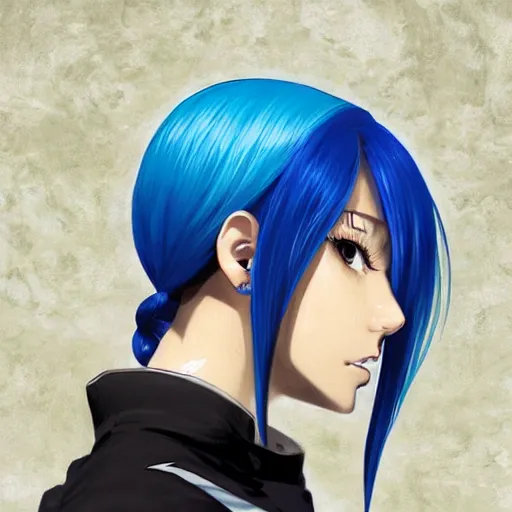 Image similar to side profile of rimuru tempest with sky blue hair, ponytail, gold eyes, black jacket with white stripes and a high collar, detailed face | highly detailed, roman city | professional digital art, concept art, award winning photography, cinematic, wlop | art by pixiv art, ilya kuvshinov, greg rutkowski, yoshitaka amano