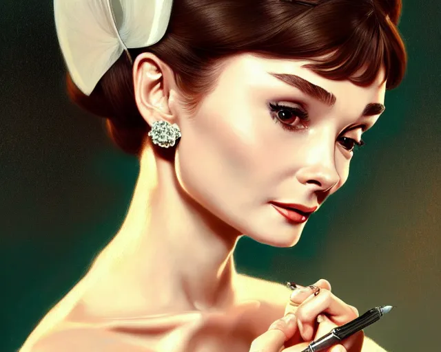 Image similar to photography of audrey hepburn in breakfast at tiffany's, deep focus, intricate, elegant, highly detailed, digital painting, artstation, concept art, matte, sharp focus, illustration, art by artgerm and greg rutkowski and alphonse mucha