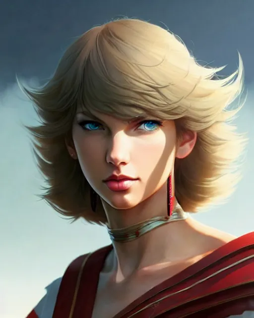 Image similar to azctec warrior, taylor swift, detailed perfect face, exquisite details, fire magic, mid view, design on a white background, by studio muti, greg rutkowski makoto shinkai takashi takeuchi studio ghibli