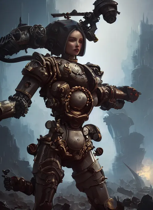 Image similar to hyper realistic heroic warhammer machine android girl, cinematic, chaos marine, artstation, cgsociety, full body greg rutkowski, james gurney, mignola, craig mullins, brom redshift, vray, octane