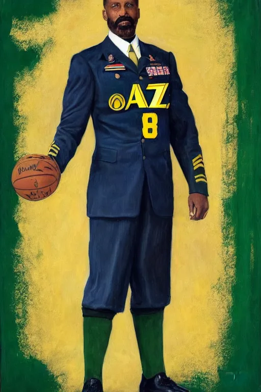 Image similar to full body portrait of the dictator of the nba utah jazz, 1 8 8 9, in full military garb, navy, green, yellow, oil on canvas by william sidney mount, trending on artstation