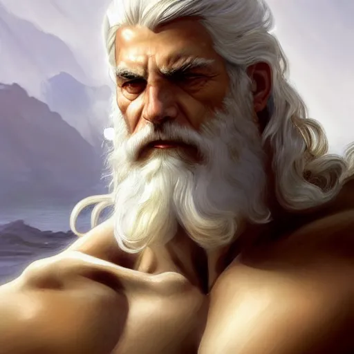 Prompt: portrait of mighty zeus, greek god, white hair, soft hair, d & d, muscular, hairy torso, fantasy, intricate, elegant, highly detailed, digital painting, artstation, concept art, smooth, sharp focus, illustration, art by artgerm and greg rutkowski and alphonse mucha