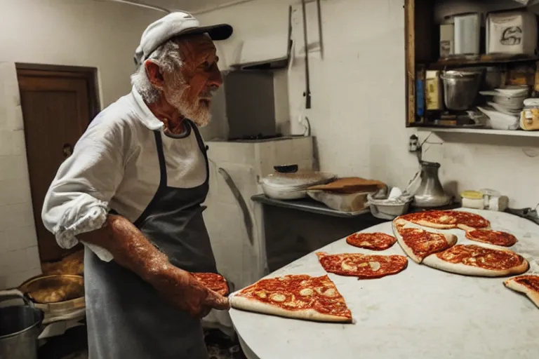 Prompt: an old italian man making pizza in skyrim, fisheye lens