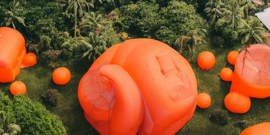 Prompt: huge orange adult bouncy castle playground in big fruits form, on the olg tropical forest, style by anish kapoor, parts by shih chieh huang, warm soft light, bird view, shallow depth of field realistic, 8 k, hyperrealism, subsurface scattering, raytracing