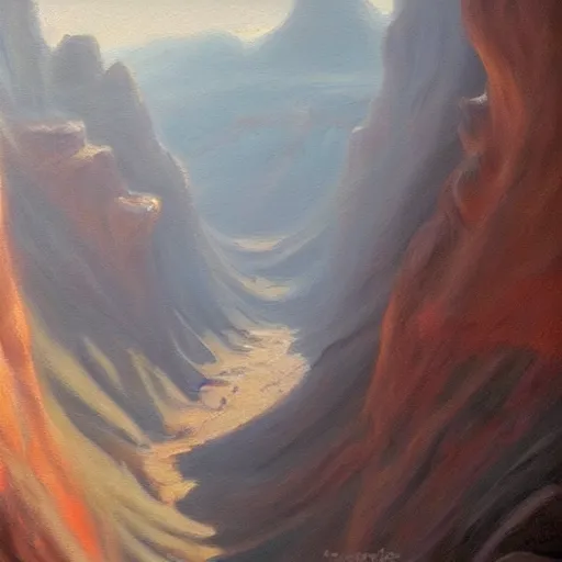 Image similar to beautiful oil painting of a canyon in between mountains, trending on artstation, high detail, realism, award winning, detailed lighting