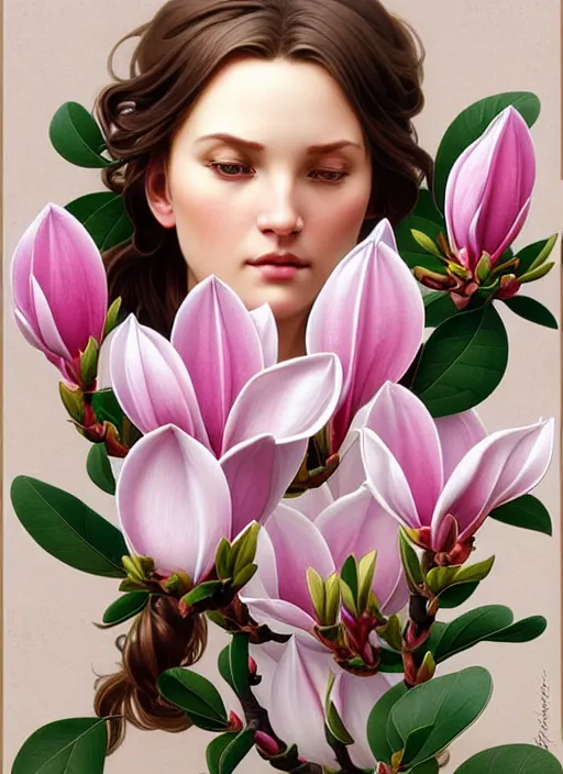 Image similar to perfectly detailed magnolia flowers!! blessed by nature with ever - increasing physical mental perfection, symmetrical! intricate, sensual features, highly detailed, biblical divine holy perfection!! digital painting, artstation, concept art, smooth, sharp focus, illustration, art by artgerm and greg rutkowski and alphonse mucha