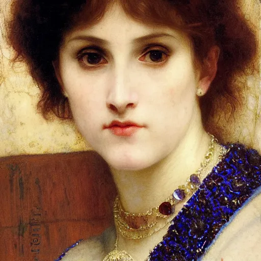 Image similar to a renaissance oil painting close shot face portrait by alma tadema of a demon vampire beautiful woman wearing sapphire jewellery, colourful pastel, detailed academic bouguereau, sharp focus, high contrast studio lighting