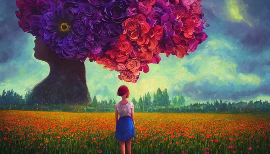 Image similar to girl with a giant flower as a face, surreal photography, dream, standing in flower field, hills, big trees, sunrise dramatic light, impressionist painting, colorful clouds, digital painting, pointillism, artstation, simon stalenhag, flower face