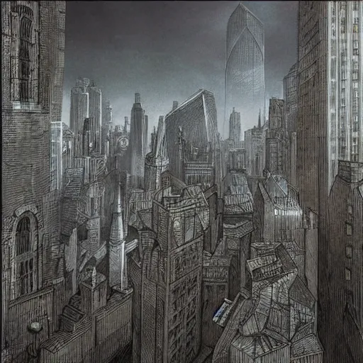 Prompt: A picture of Gotham City, Batman can be seen standing on the roof of a building in the background in the style of Zdzislaw Beksinski