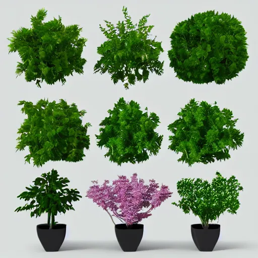Prompt: early 3 d low polygon artifical plants on a white background