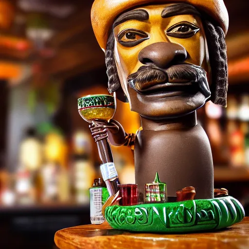 Image similar to a closeup photorealistic photograph of happy blunt smoking snoop dogg at trader vic's bar sitting next to a trader vic's style tiki mug featuring the face of snoop dogg. tiki culture. bright scene. 4 k hd image that's trending on artstation, featured on behance, well rendered, extra crisp, features epic composition and the style of unreal engine.