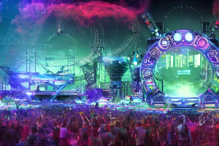 Prompt: an outdoor festival stage, tripmachine, center of the stage is a big futuristic steampunk genrator surrounded by cyberpunk huge speaker towers, rock musicians on the stage, laser show, 8 k, fluorescent colors, halluzinogenic, multicolored, exaggerated detailed, unreal engine