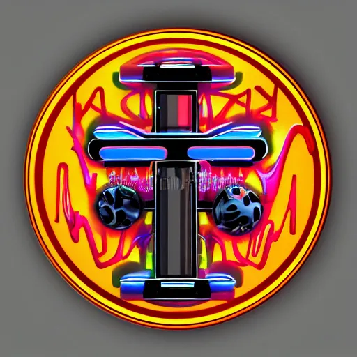 Image similar to sticker of a rock band, name is tripmachine, on the sticker is a 3 d render of a huge futuristic steampunk power generator, 8 k, fluorescent colors, halluzinogenic, multicolored, exaggerated detailed, silk screen art