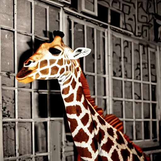 Image similar to real giraffe inside creepy scary nightmare atmosphere, horror spooky