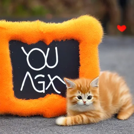 Image similar to cute fluffy orange tabby kitten with a sign that says