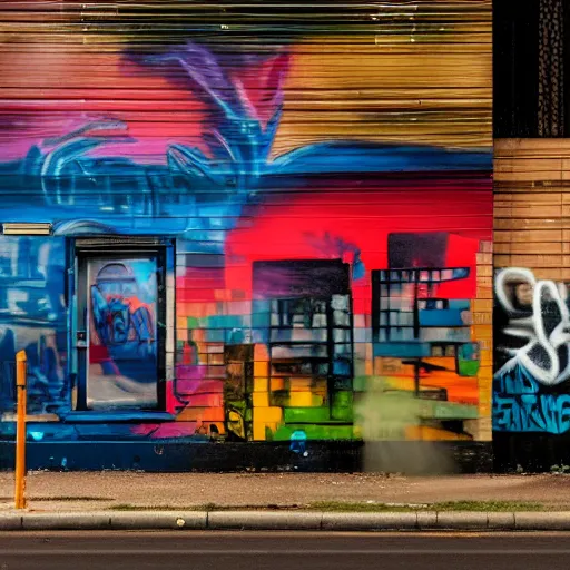 Image similar to high quality photograph of the outside of a building at dusk. There is very artistic graffiti on one wall of the building and a fire hydrant on the sidewalk in front of the wall. Three empty spray paint cans lay discarded on the ground and a young person around the age of 20 is walking away from the building.