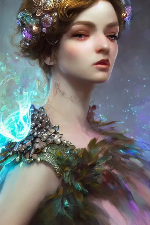 Prompt: face closeup beautiful girl fairy witch wearing crystal diamon dress, 3 d render, holding electricity, hyper realistic detailed portrait, ruan jia, wlop, fantasy, hyper detailed, octane render, concept art, ornaments, mucha vibe, dieselpunk, solarpunk, artstation, peter mohrbacher