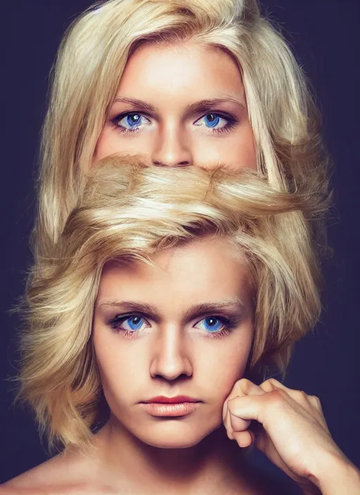 Image similar to kodak portra 400, photographic extreme close-up face of a beautiful woman with blond hair , photographed by Carlo Diamanti , high quality,complementary colors ,photo-realistic.