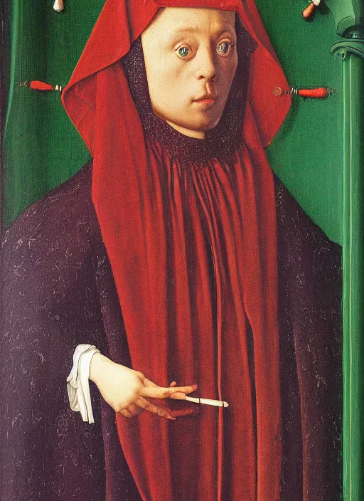 Image similar to a portrait of a person jacked into their cyberdeck by Jan van Eyck