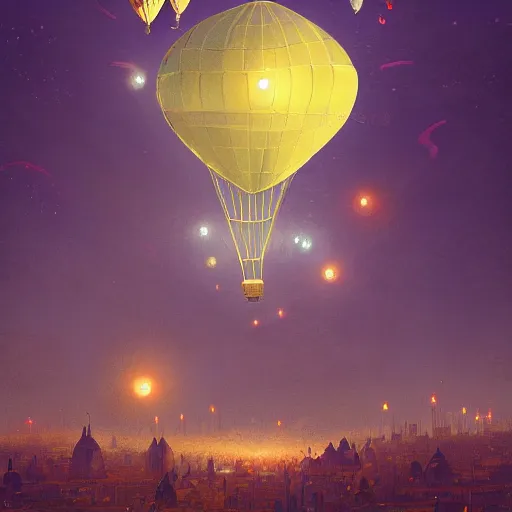 Image similar to a beautiful stunning fantasy whimsical matte digital illustration of a hot - air balloon race over a city at night by marc simonetti, pastel color palette, disney steampunk, chiaroscuro magical bokeh moon stars, trending on artstation hq, masterpiece