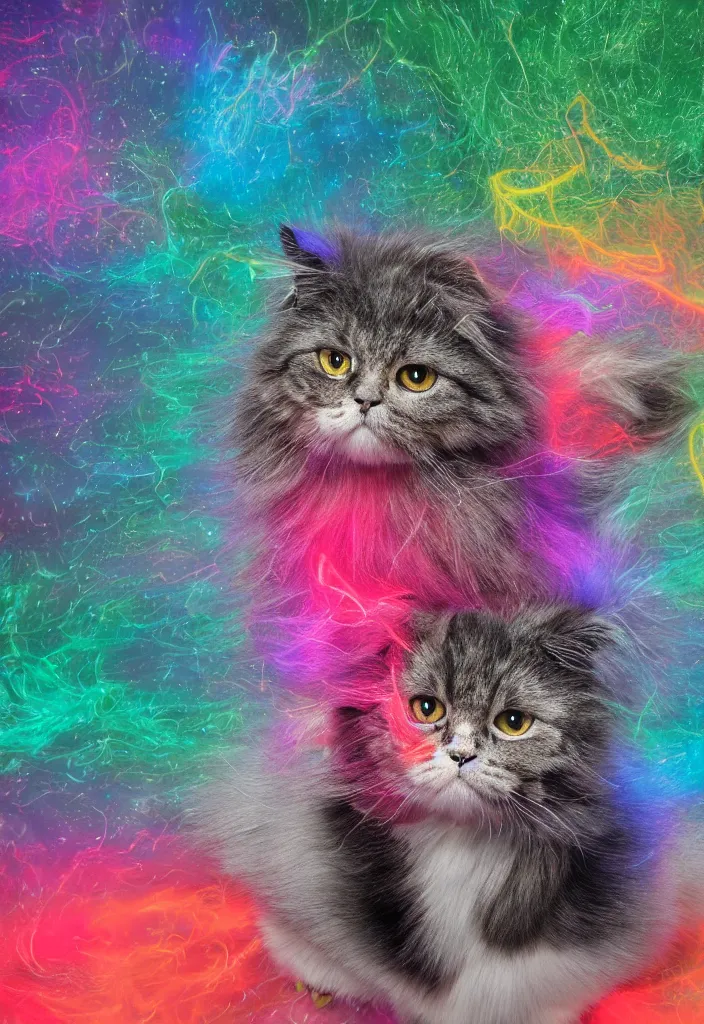 Image similar to longhair floof fluffy coiffed elegant gorgeously cfa champion cute pretty scottish fold cat, radiant with data visualization mathematical diagrams hologram overlay revealing a complex inner mechanations, detailed painting, grisaille dark monochrome with neon fluorescent color airbrush spraypaint accents, by jules julien, wes anderson, lisa frank, basquiat, octane render 4 k