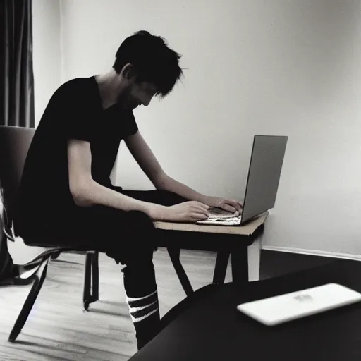 Image similar to a skinny goth guy sitting on the floor of his room, crossed legs, laptop, smartphone, video games, tv, faded effect, photograph, kodak film, realism,