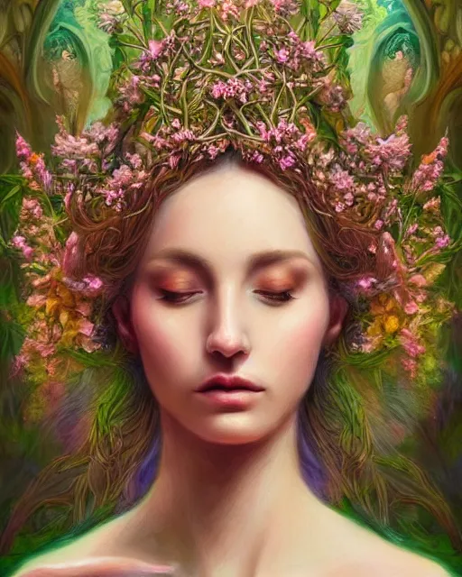 Prompt: portrait of a beautiful goddess of nature, graceful beauty, esoteric, nature and floral aesthetics, other worldly colors, head in focus, intricate, elegant, highly detailed, artstation, artistic, concept art, painterly, sharp focus, art style by emilia elfe