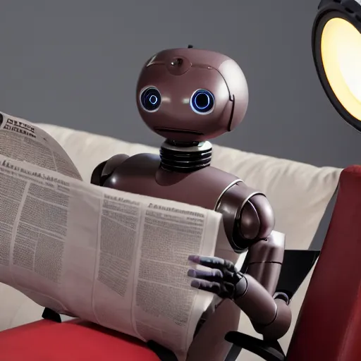 Image similar to futuristic studious matte brown and red full-body humanoid robot with two huge round expressive sad purple glowing LED eyes and open rectangular mouth sitting on a large comfortable cushioned 1950s vintage recliner reading a newspaper. open newspaper. Cinematic Movie Photograph, Arri Alexa, Extremely Detailed, smooth, very very clean, 8K, octane render, maya render, unreal engine, trending on artstation, DSLR, excellent composition, center frame