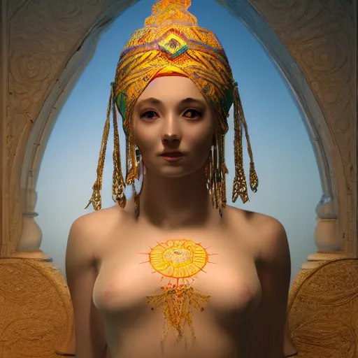 Image similar to turkic goddess of fertility, umay, cinematic lighting, render quality 8 k, detailed