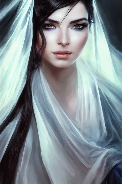 Prompt: Ameera al-Taweel, blue eyes, long wavy black hair, fierce look, white veil, closeup, focus face, elegant, highly detailed, centered, digital painting, artstation, concept art, art by artgerm and donato giancola and Joseph Christian Leyendecker, Ross Tran, WLOP